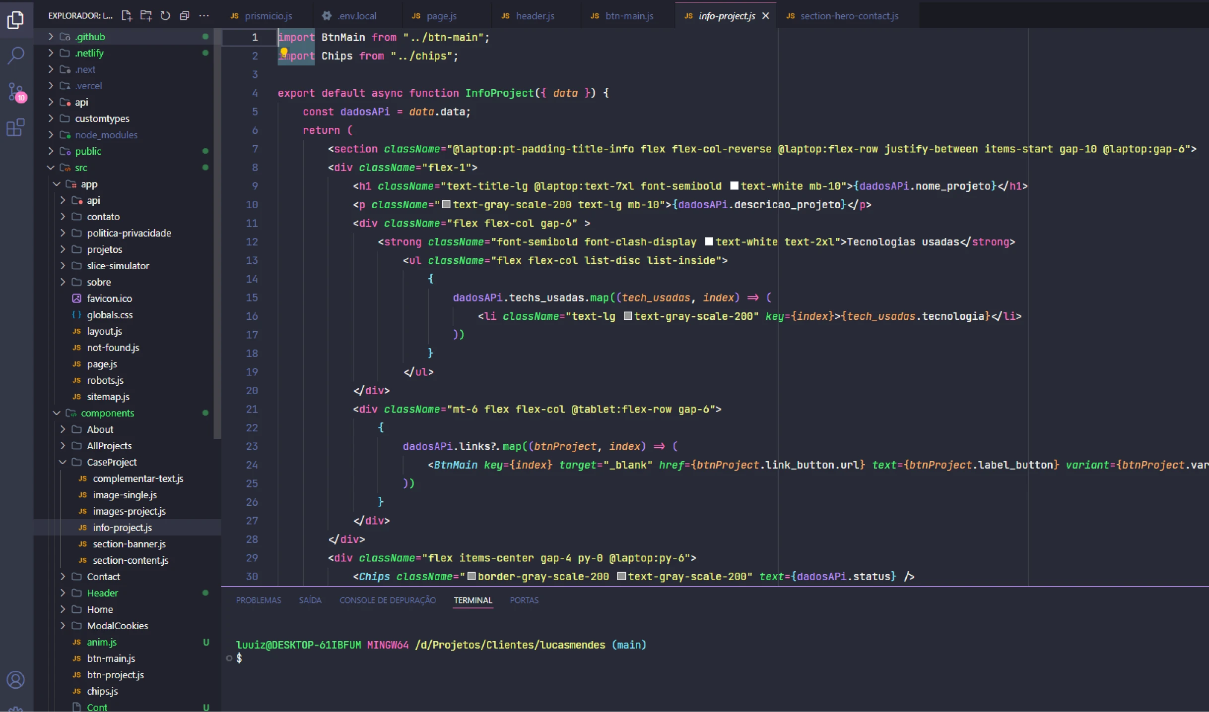 Código do VS Code do projeto Lucas Mendes