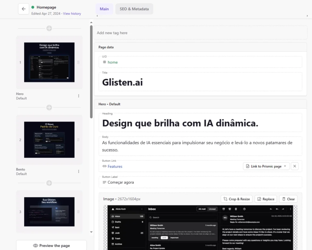 Ambiente interno do Prismic, onde do lado esquerdo são exibidos os slices e do lado direito a interface de conteúdo.