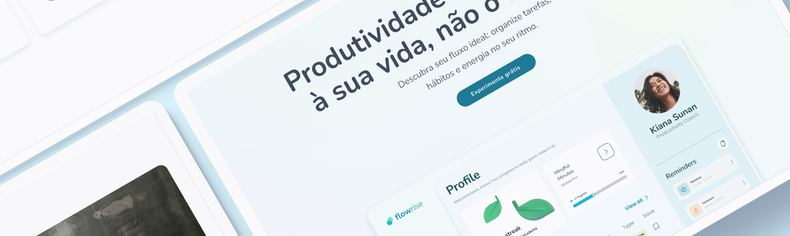 Banner da Flowrise. Diversas partes do site da Flowrise em visualização isométrica